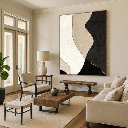 Contemporary abstract painting featuring black and beige shapes on a dark gray background with textured details and smooth curves for a modern aesthetic. DLZ1194