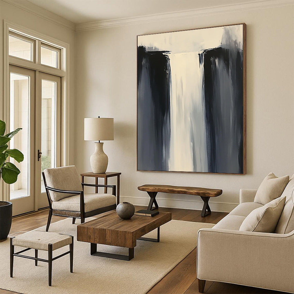 Contemporary abstract painting features minimalist composition in white and gray tones with thick brushstrokes and a tall waterfall, enhancing depth and artistic appeal. DLZ0550