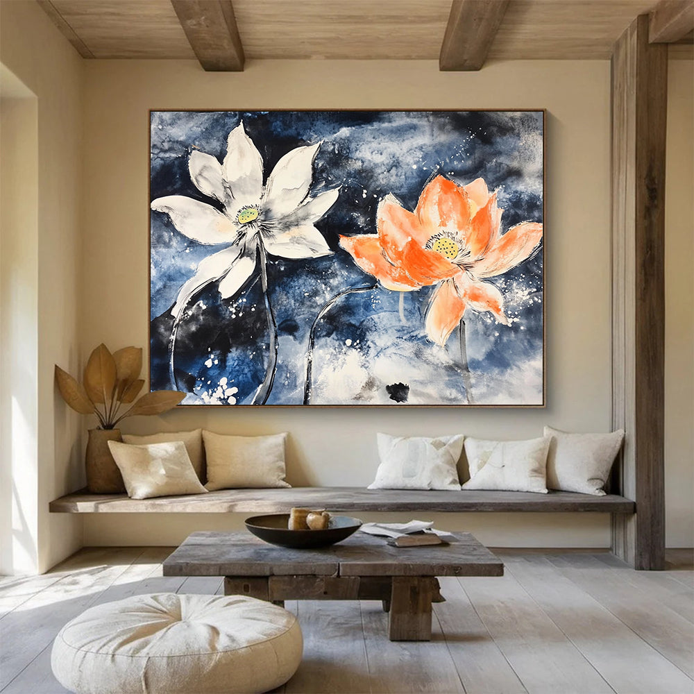 “Lotus Flowers In Blue” - Blue, White, Orange, Ink - Wash Floral Painting On Canvas HB0680