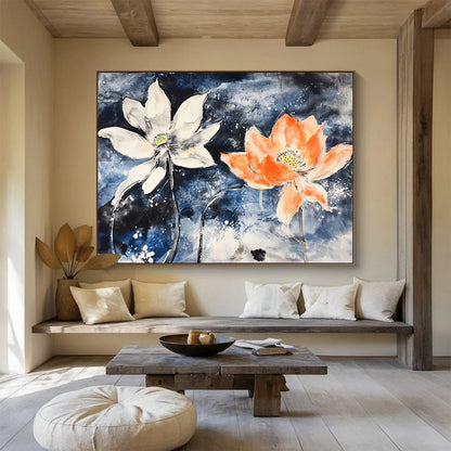 “Lotus Flowers In Blue” - Blue, White, Orange, Ink - Wash Floral Painting On Canvas HB0680