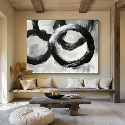“Interlocking Black Rings” - Blacks, Whites, Grays, Abstract Circular Forms - Acrylic Painting HB1622