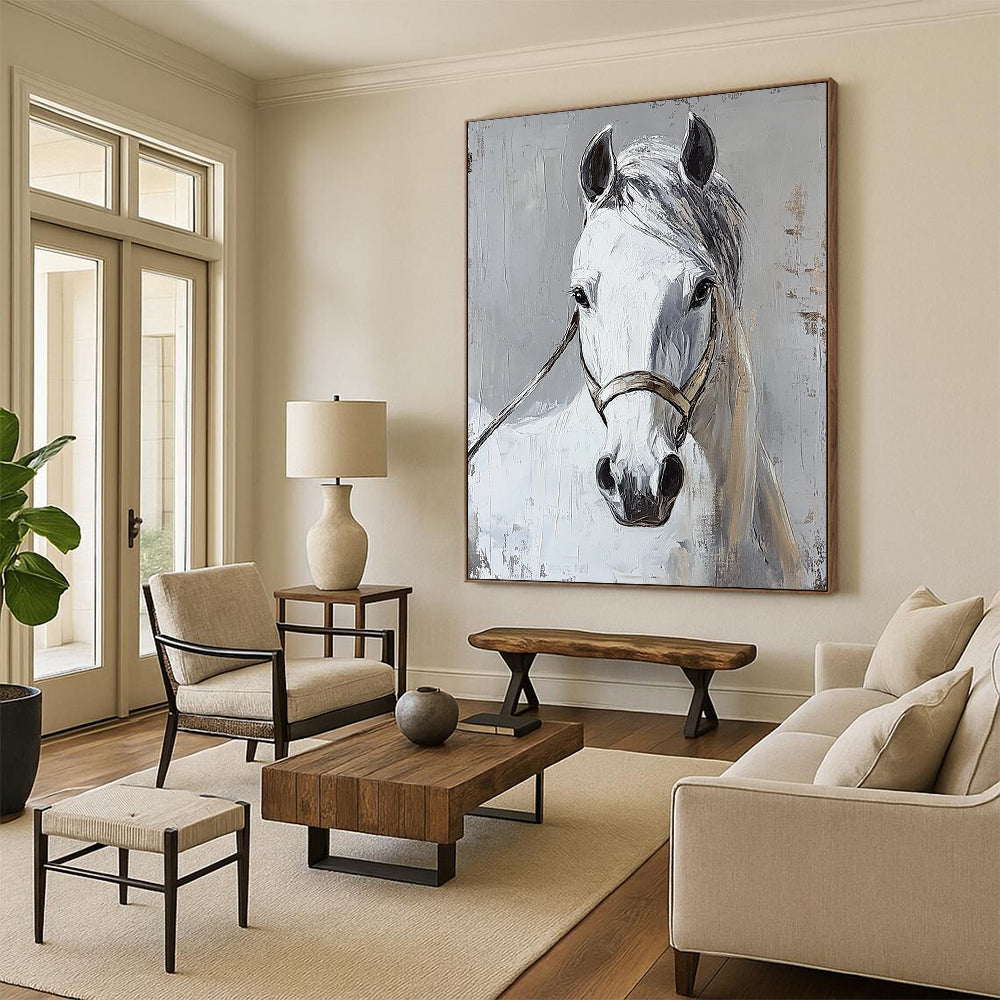 Contemporary abstract painting featuring a white horse head on a grey background showcasing vibrant colors and dynamic brushstrokes. DLZ1744
