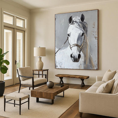 Contemporary abstract painting featuring a white horse head on a grey background showcasing vibrant colors and dynamic brushstrokes. DLZ1744