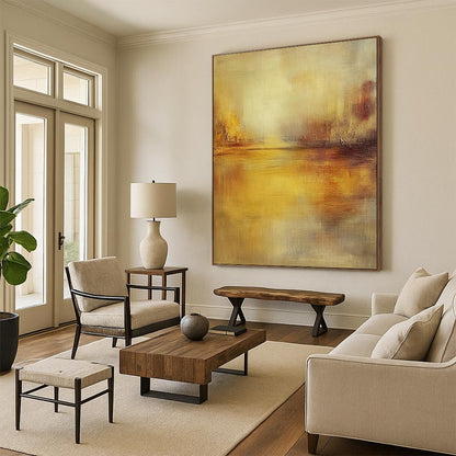 Contemporary hand-painted abstract artwork featuring muted tones, soft brushstrokes, and a tranquil water reflection illuminated by golden hour light. DLZ0420