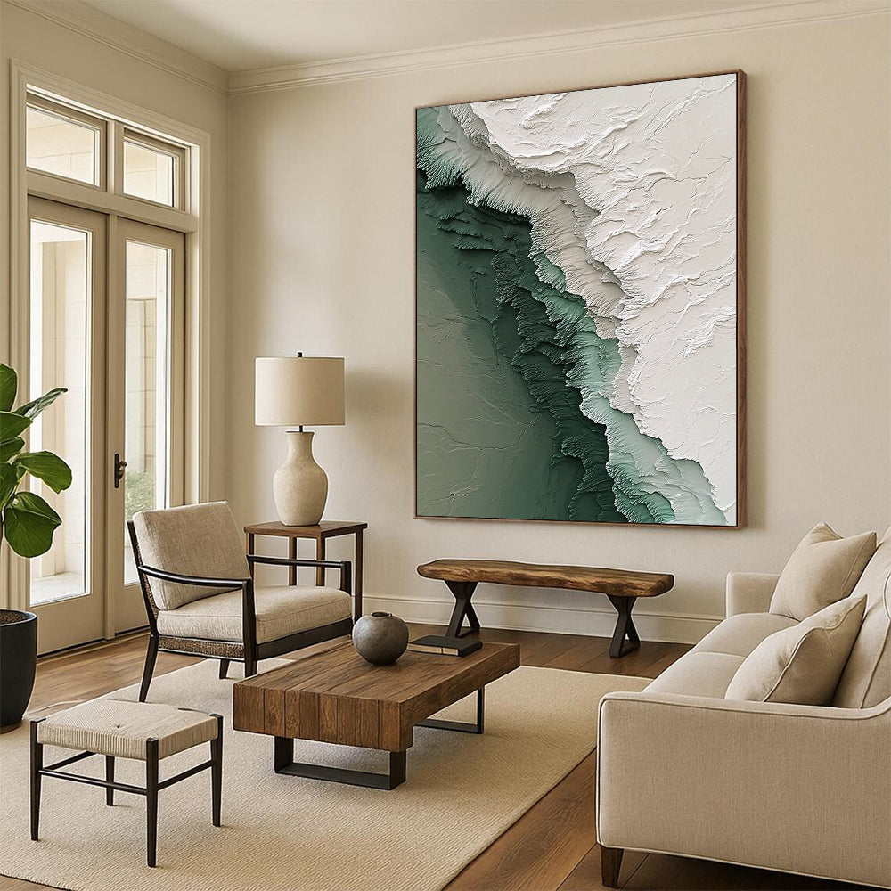 Contemporary hand-painted abstract art featuring intricate Antarctic ice textures with flowing icy streams in white green and gray tones. DLZ1180