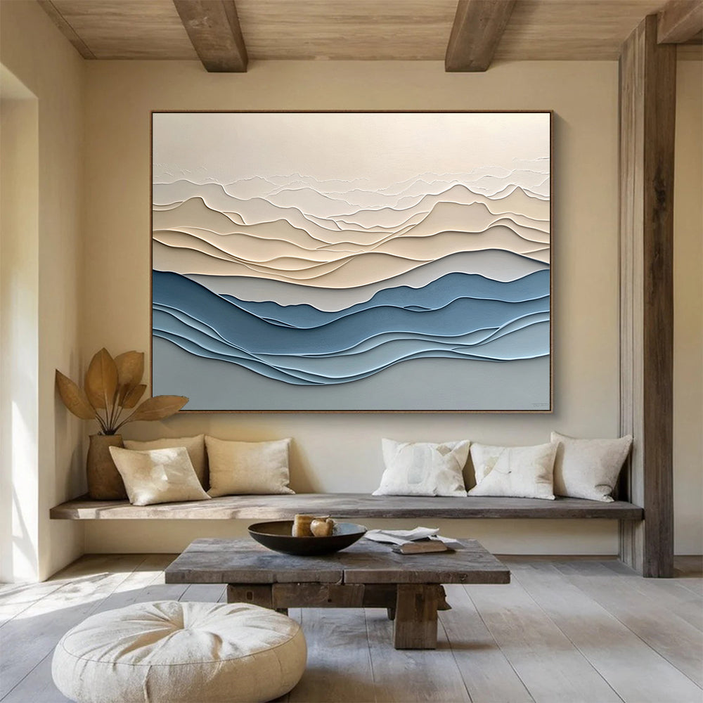 “Layered Mountain Waves” - Beige, Blue, Gray, Layered Wavy Mountain - Textured Relief Art HB1776
