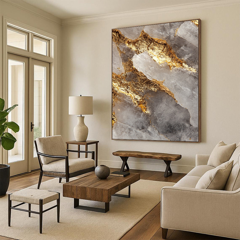 Clear Crystal, Gold Veins, Geometric Shapes "Elegant Fusion" Abstract Geode - Inspired Painting On Canvas HB041