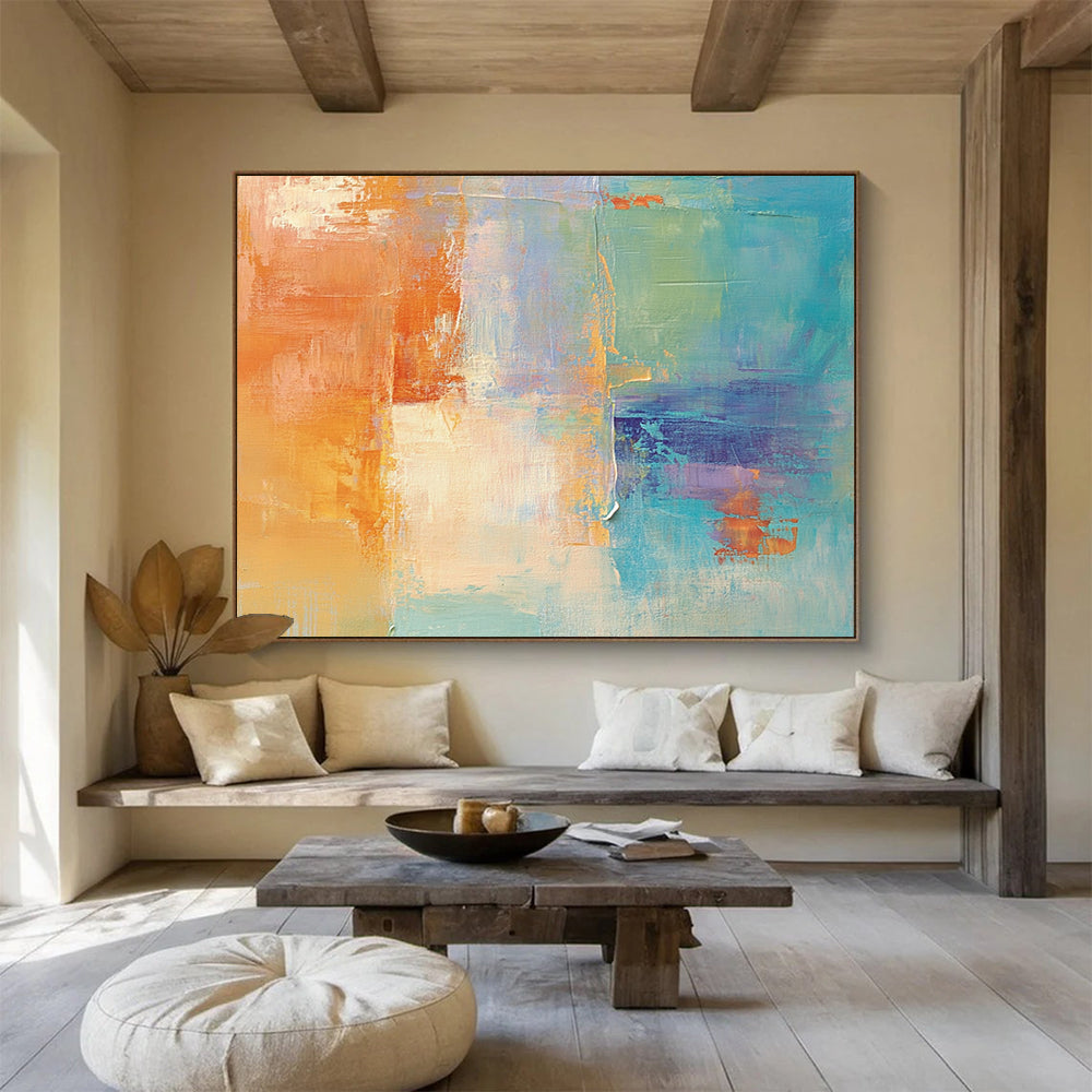 “Colorful Abstract Blend” - Orange, blue, purple, beige; Abstract color - block blend; Acrylic Painting On Canvas HB1276