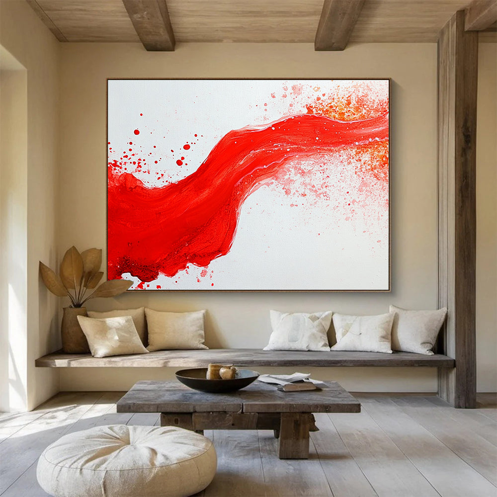 “Red Wave Splash” - Red, White, Abstract Wave Painting On Canvas HB0752
