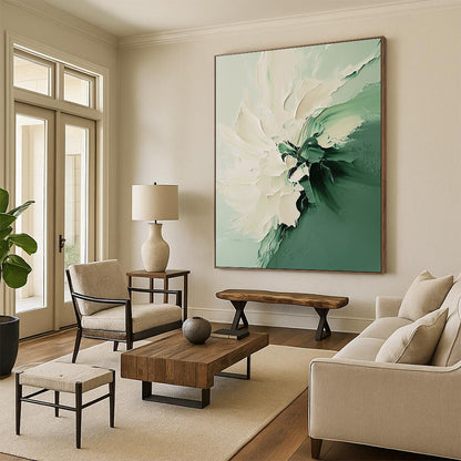 Contemporary abstract painting featuring a white and green flower with fluid shapes soft edges and vibrant colors in a dreamy texture. DLZ0606