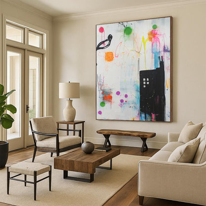 Contemporary hand-painted abstract artwork features vibrant shapes lines and urban building designs enriched with graffiti splashes creating a dynamic and playful atmosphere. DLZ1515