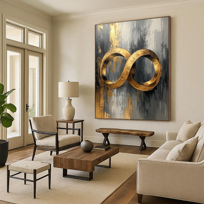 Contemporary abstract oil painting featuring golden rings in gray and white with gold leaf accents on canvas texture for a stunning UHD display. DLZ0482