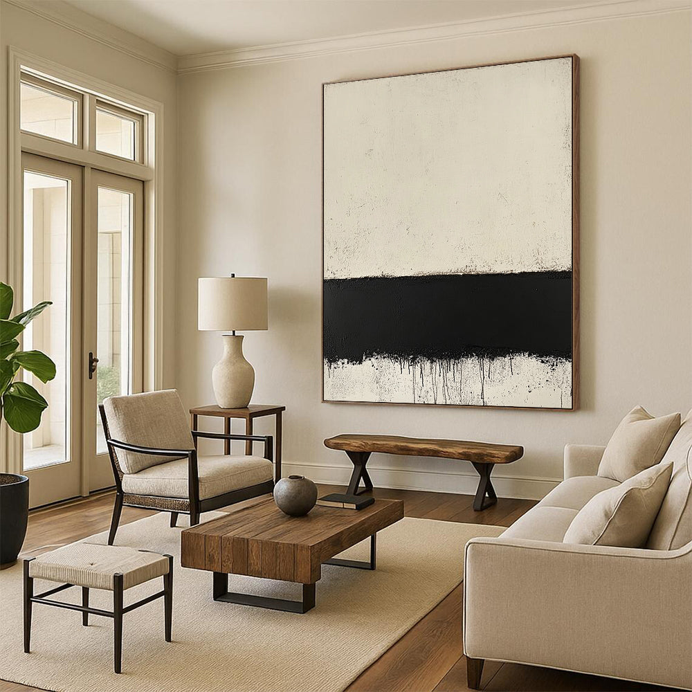 Contemporary hand-painted abstract art featuring a textured cream surface layered over a black border inspired by Mark Rothko's style. DLZ1355