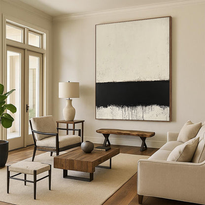 Contemporary hand-painted abstract art featuring a textured cream surface layered over a black border inspired by Mark Rothko's style. DLZ1355