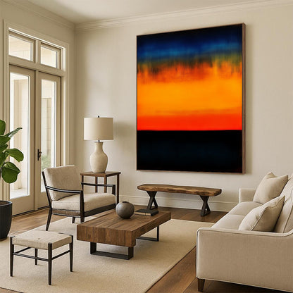 Contemporary hand-painted abstract art showcasing an orange and blue gradient sunset over the ocean with low contrast and dark colors for a blurred effect. DLZ0538