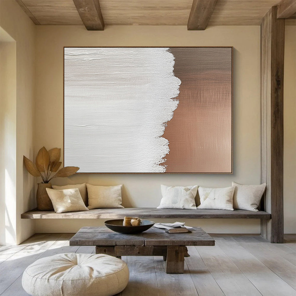 “White and Warm Brown Textured Split” - Minimalist Abstract Painting On Canvas HB0509