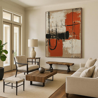 Contemporary abstract artwork featuring orange and white shapes resembling machinery silhouettes against a beige background with dark vignette and textured shading. DLZ1085