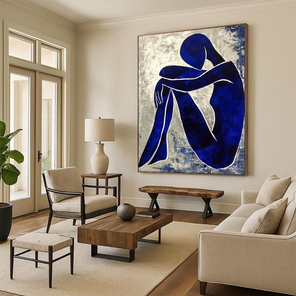 Contemporary abstract painting featuring a textured blue figure with crossed legs and hands on knees enhanced by white contour lines in the style of Matisse. DLZ0361