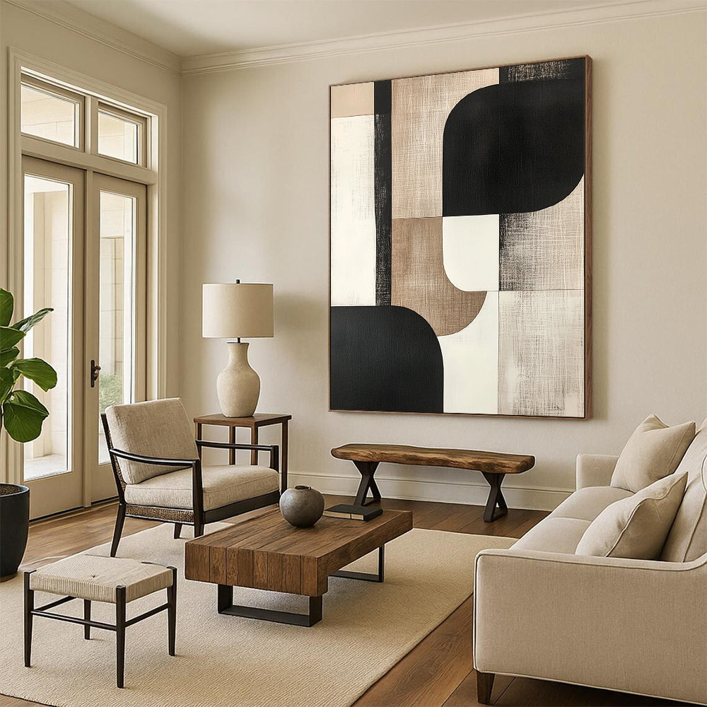 Contemporary hand-painted abstract art featuring bold shapes in black, white, beige, gray, and cream tones for a sophisticated aesthetic. DLZ0795