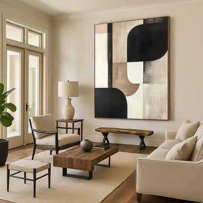 Contemporary hand-painted abstract art featuring bold shapes in black, white, beige, gray, and cream tones for a sophisticated aesthetic. DLZ0795