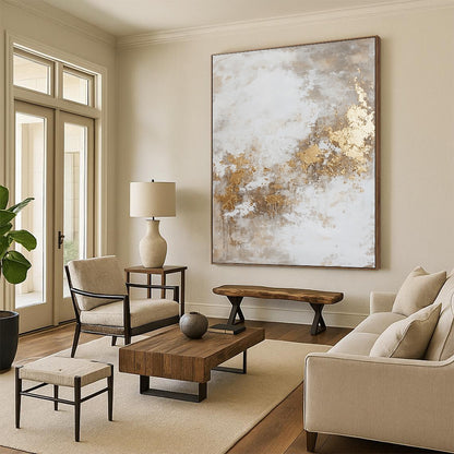 Contemporary hand-painted abstract artwork featuring dynamic paint splatters and luxurious gold foil accents against a backdrop of beige and grey hues. DLZ0534