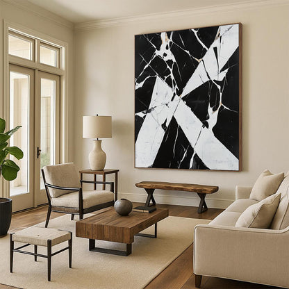 Black, White, Gold with Marbled Cracks "Fractured Elegance" Abstract Painting On Canvas HB017