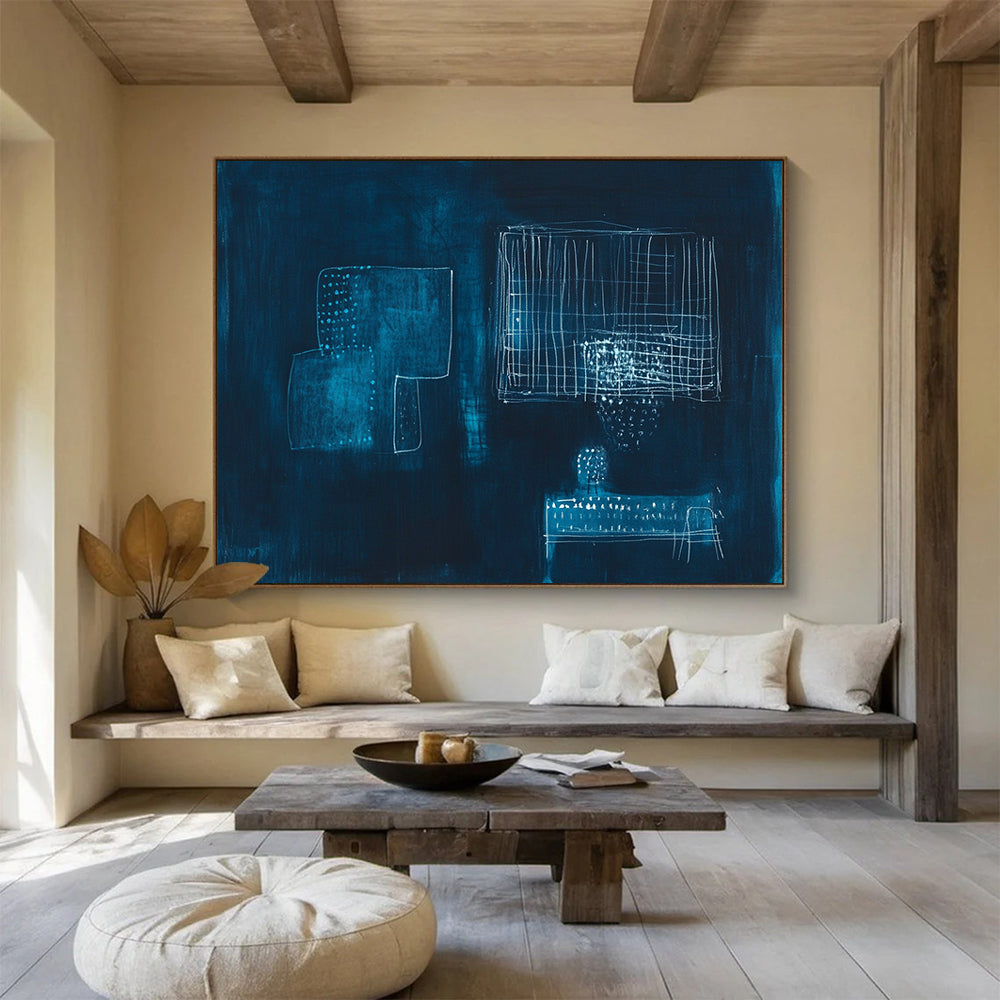 “Abstract White Shapes on Dark Blue” - Expressive Abstract Painting On Canvas HB0525