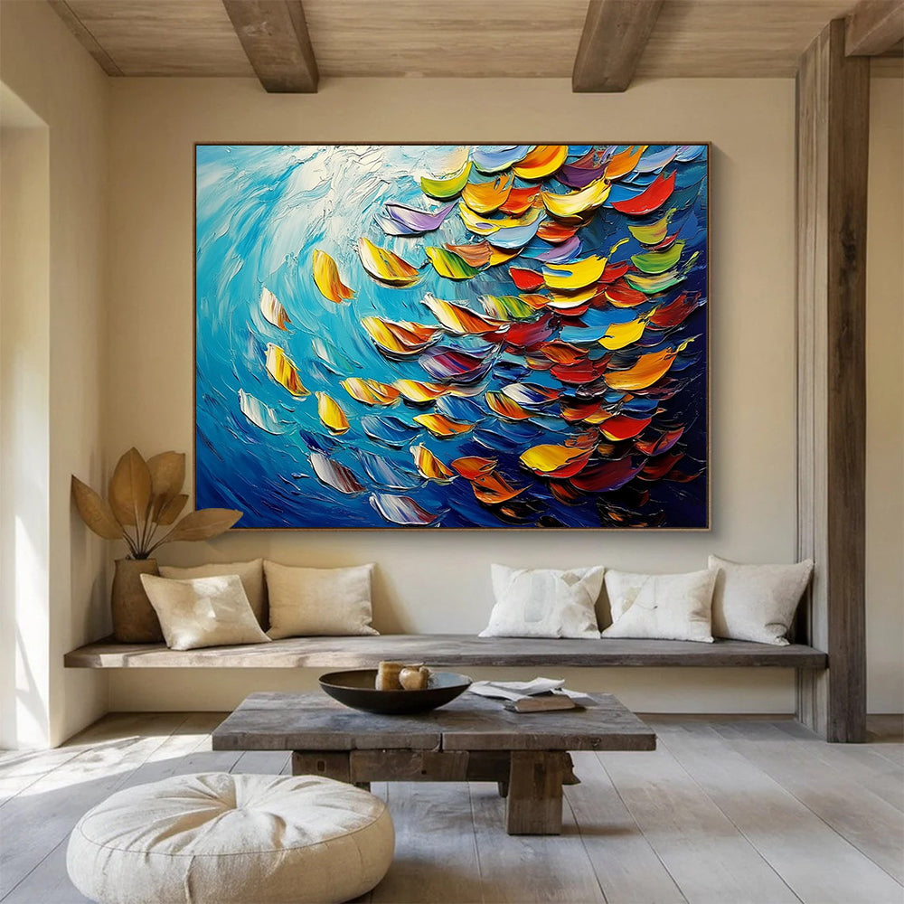 “Colorful Fish in 3D Waves” - Blue, Colorful Fish Shapes, Textured 3D - like Marine Painting On Canvas HB1096