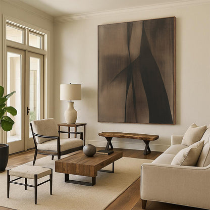 Large contemporary hand-painted abstract artwork with brown and black tones featuring minimalist shapes that evoke a powerful sense of mystery against a dark grey background. DLZ1186