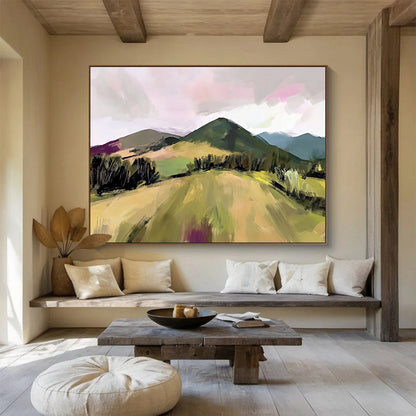 “Expressive Color - Blocked Hills” - Green, Pink, Purple, Abstracted Nature Scene - Gouache Painting HB1658