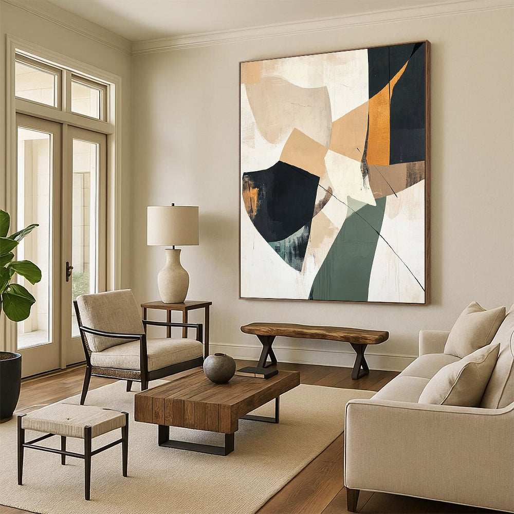 Large contemporary abstract painting featuring beige black and green shapes on a white background with minimalistic collage-like elements and soft atmospheric effects. DLZ1039