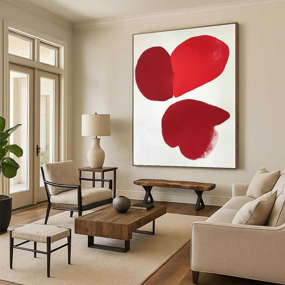 Contemporary hand-painted abstract art featuring two red hearts on a minimalistic white background inspired by Eric Carle and Jean Arp. DLZ1720