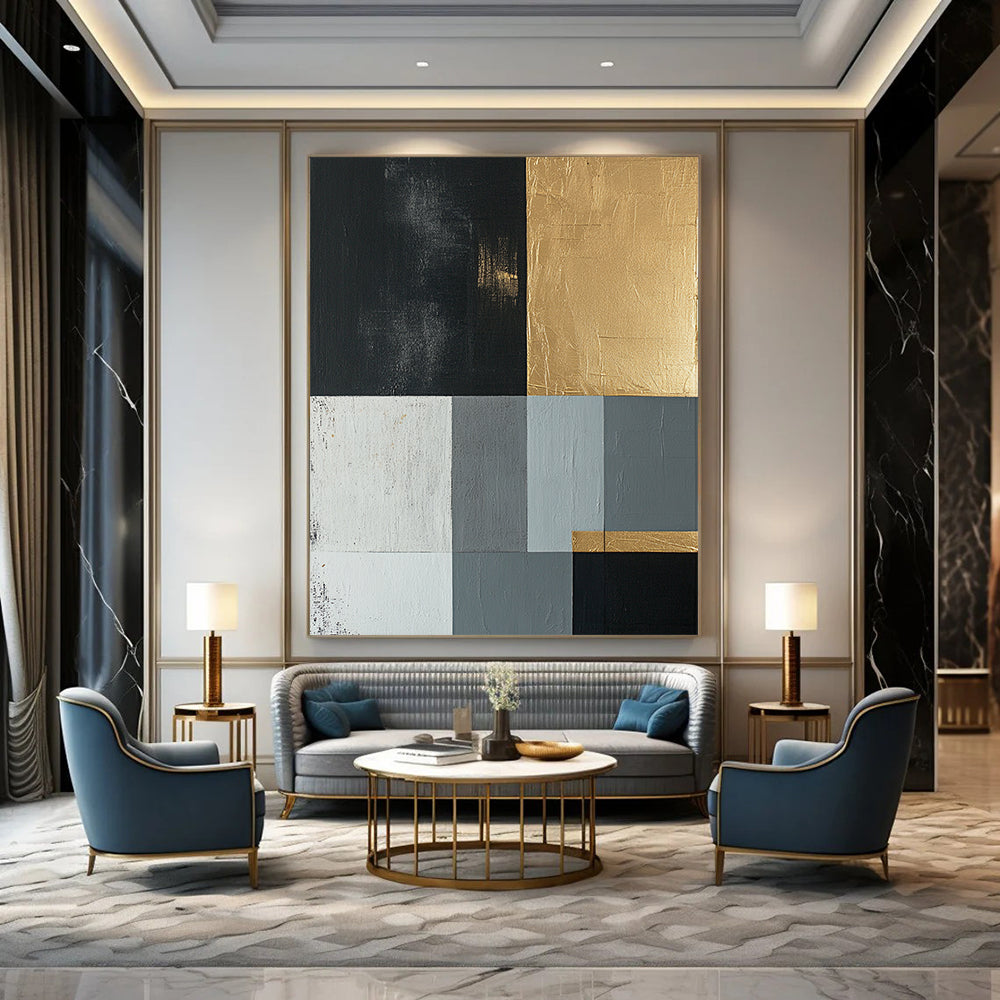 Black, Gold, Gray, White with Geometric Blocks "Elegant Geometry" Abstract Painting On Canvas HB001