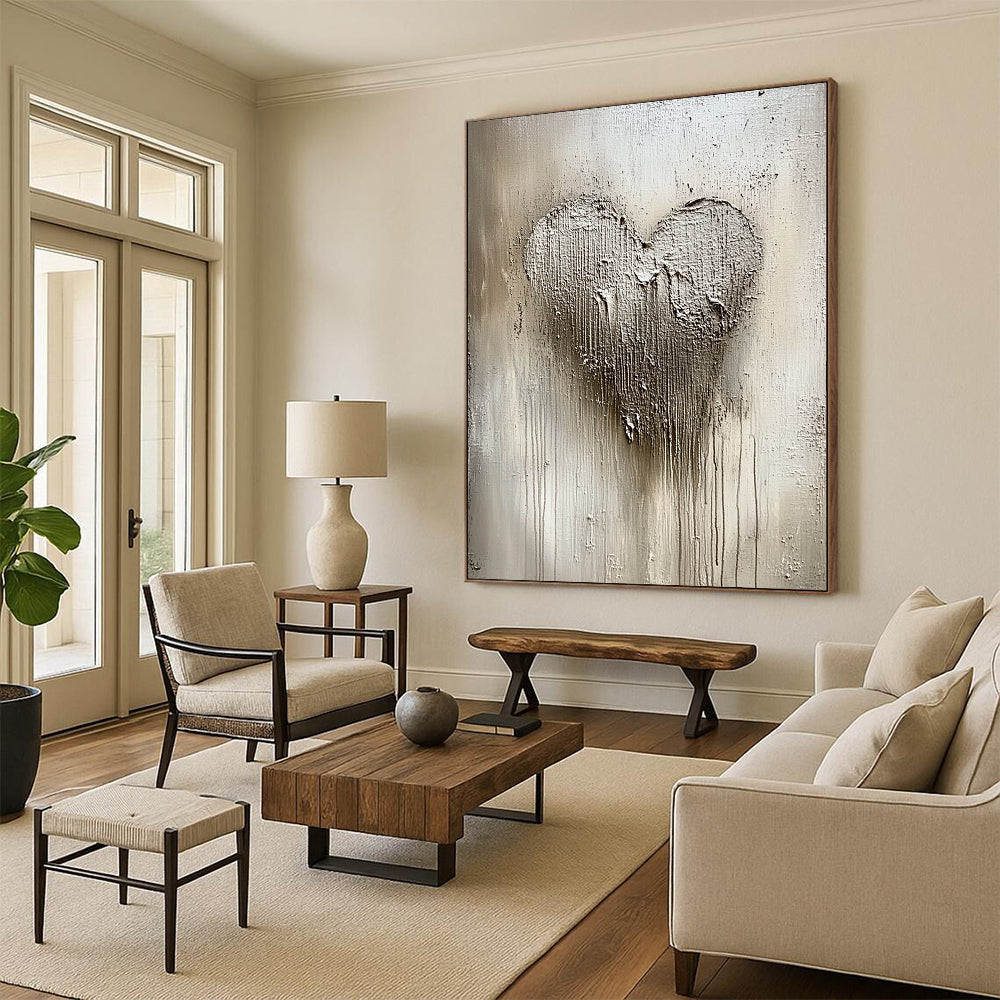 Contemporary abstract painting featuring textured silver and white patterns with a central heart shape, capturing winter's beauty in shimmering details and a cool palette. DLZ0531