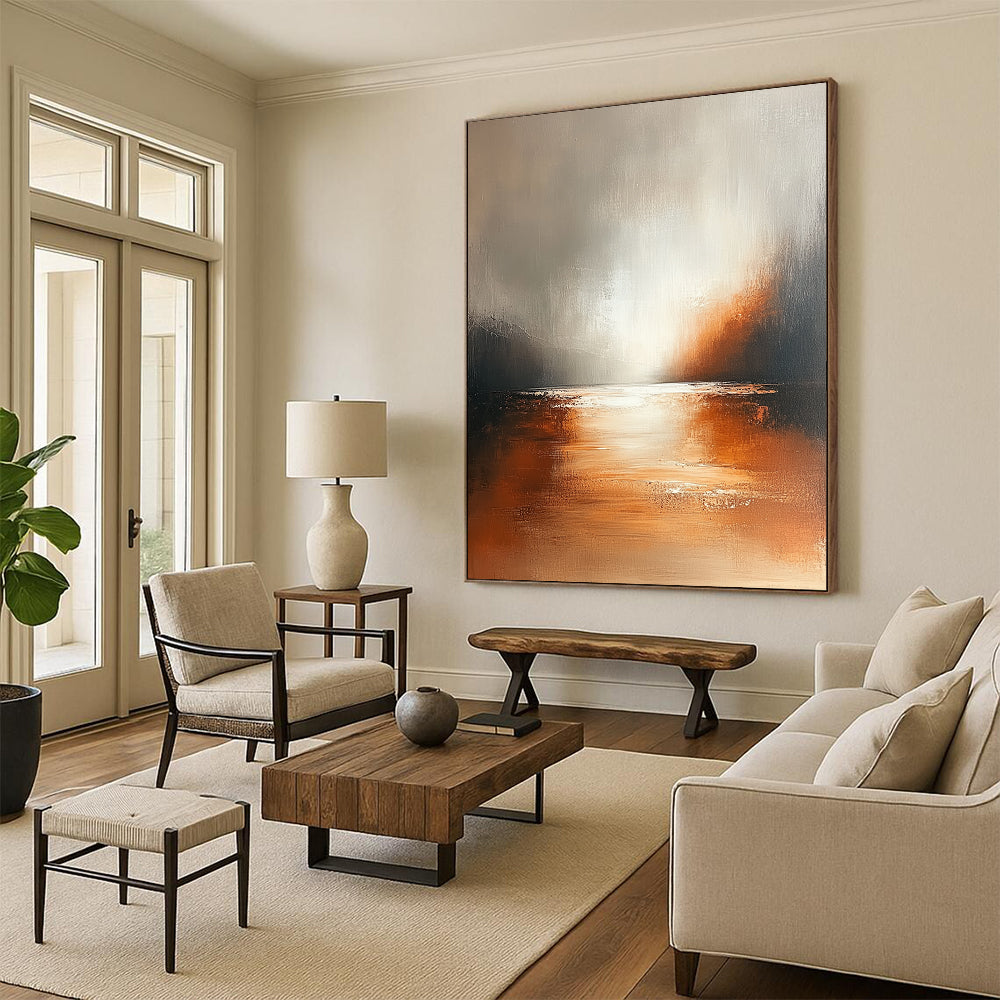 Contemporary hand-painted abstract art featuring soft tones in brown and white with subtle gradients on a textured canvas for a serene modern aesthetic. DLZ0429