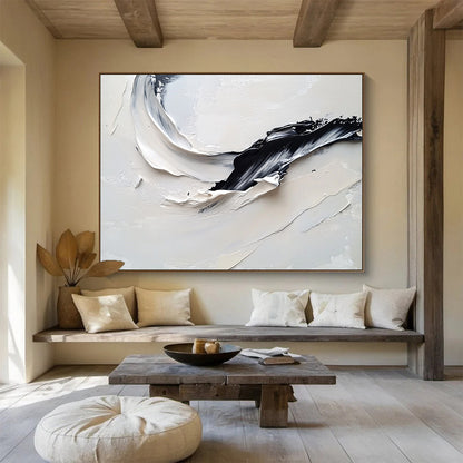 “Curved Black - White Textures” - Black, White, Curved Thick Textured Strokes - Impasto Oil Painting HB1779
