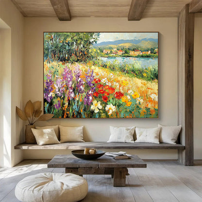 Flower - Filled Riverbank with Village View - Impressionistic Landscape Painting On Canvas HB0450