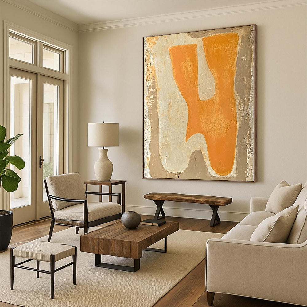 Contemporary abstract painting featuring minimalist boho style with terracotta and cream colors showcasing two animals on textured beige background. DLZ1609