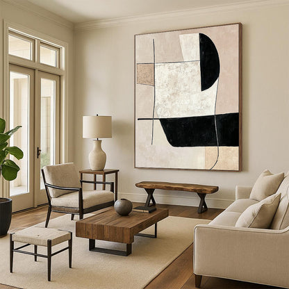 Contemporary abstract artwork featuring minimalist black and white shapes on a neutral beige background, emphasizing simple lines and modern elegance. DLZ1603