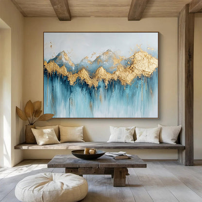 “Gilded Peaks Cascade” - Blue, Gold, White, Textured Mountain & Waterfall Scenes Painting On Canvas HB1020
