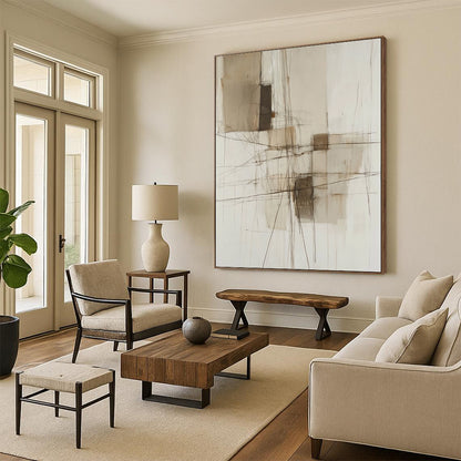 Contemporary abstract painting features neutral tones and soft lines with a wire structure and textures, enhancing its modern aesthetic. DLZ1047