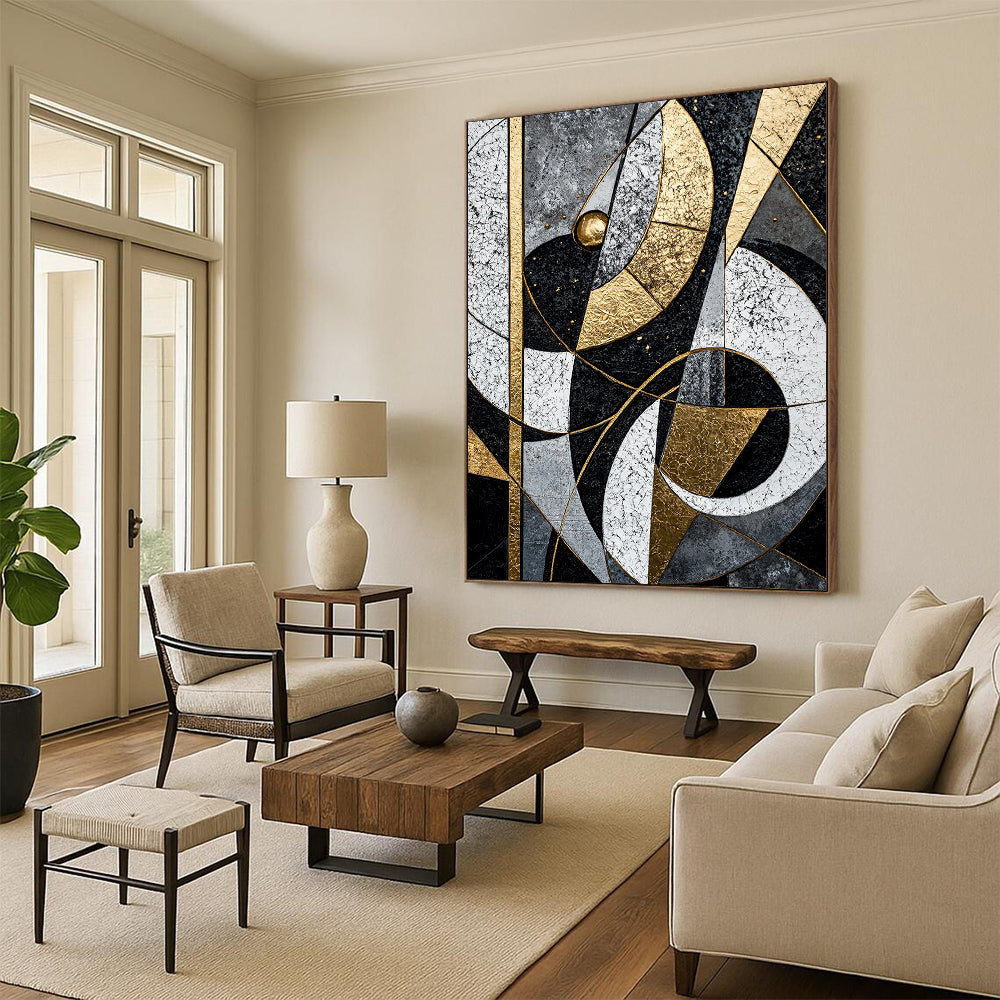 Black, White, Gray, Gold, Interlocking Arcs "Celestial Puzzle" Abstract Cosmic - Inspired Painting On Canvas HB075