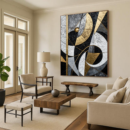 Black, White, Gray, Gold, Interlocking Arcs "Celestial Puzzle" Abstract Cosmic - Inspired Painting On Canvas HB075