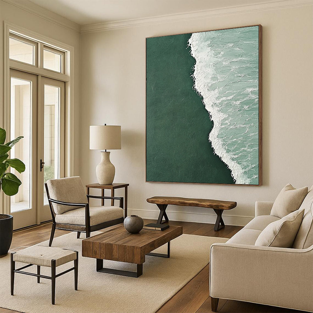 Contemporary hand-painted abstract artwork depicting a serene clash of dark green and light white ocean waves with intricate designs and a cool backdrop. DLZ1183
