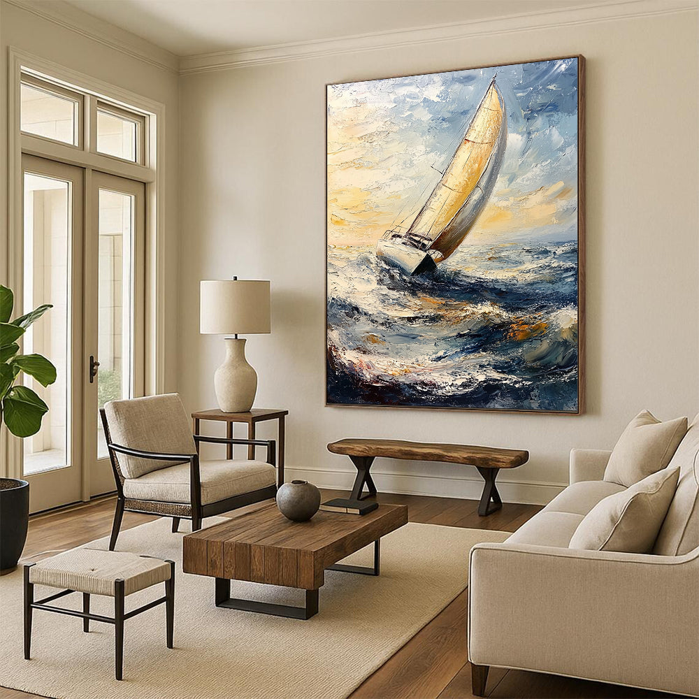 Contemporary impasto artwork depicting graceful sailboats under clear skies, featuring thick brush strokes and canvas texture, ideal for enhancing any space. DLZ1269