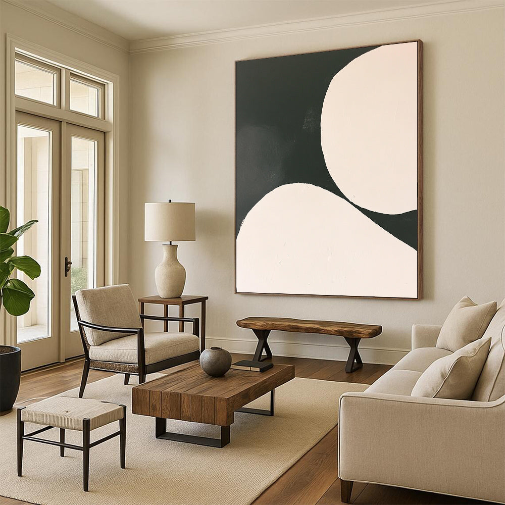 Contemporary abstract painting featuring white circles on a black background in a minimalist style inspired by Tarsila do Amaral. DLZ1753