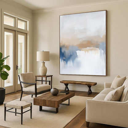 Contemporary large hand-painted abstract art featuring soothing beige and blue tones, evoking calming vibes of a serene sea horizon. DLZ0404