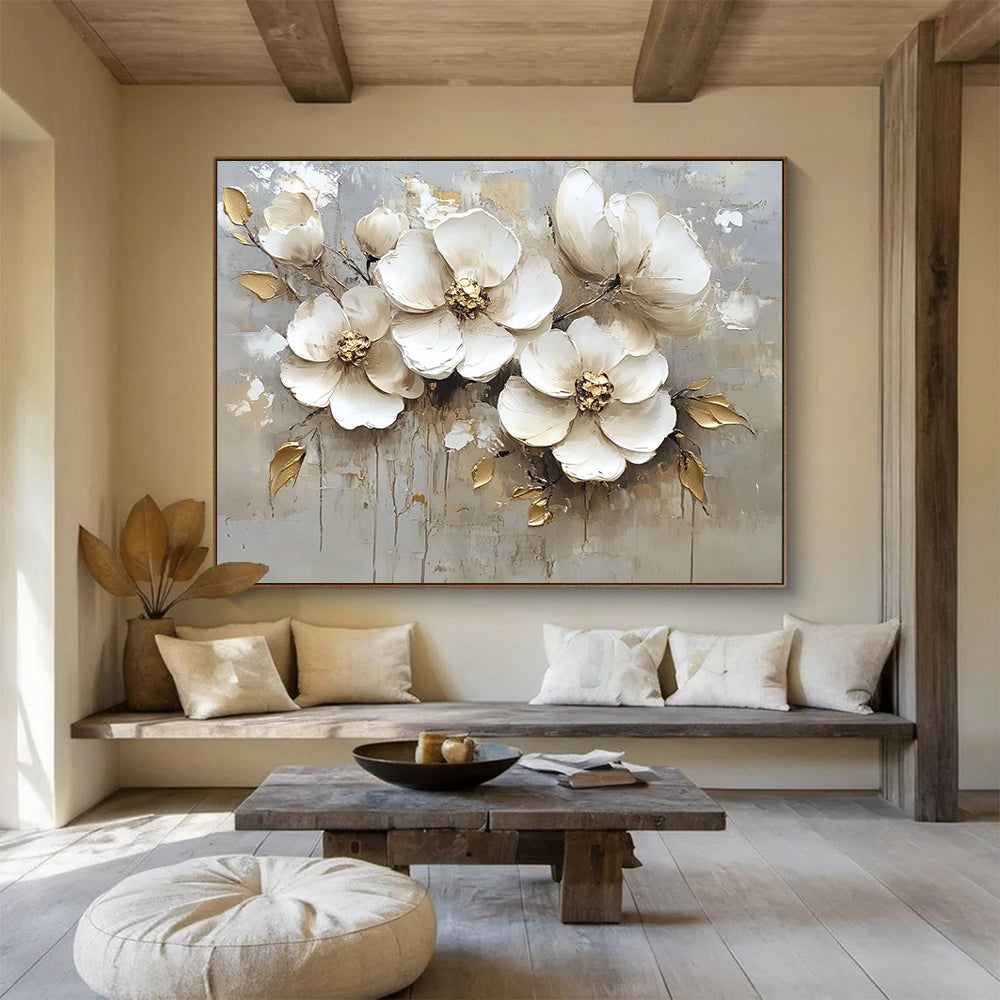 “White Flowers with Gold Accents” - White, Gold, Gray, Textured White Flowers with Gold Details - Impasto Oil Painting HB1784