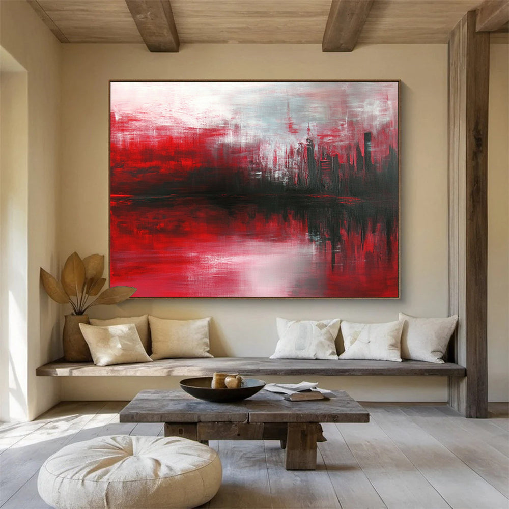 “Red Cityscape Reflection” - Red, Gray, Black - Abstract City Reflection - Oil Painting HB1298