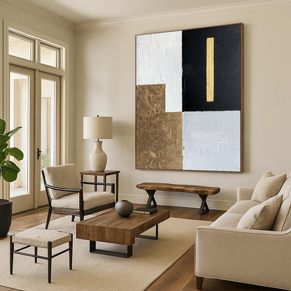 White, Black, Gold, Light Gray with Geometric Blocks "Elegant Division" Abstract Painting On Canvas HB011